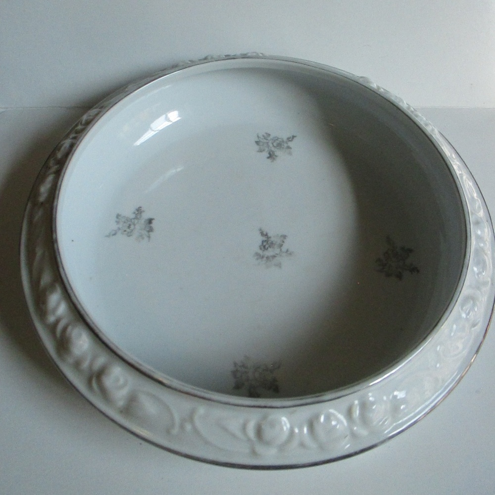 Antique Dresden Flower Frog Bowl or serving dish platinum silver trim 3982